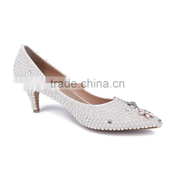 Pearl Beaded Pointed Toe Low Heels Diamond&flower Embelished Oem Designer Heels Women Wedding Dress Shoes photo-2