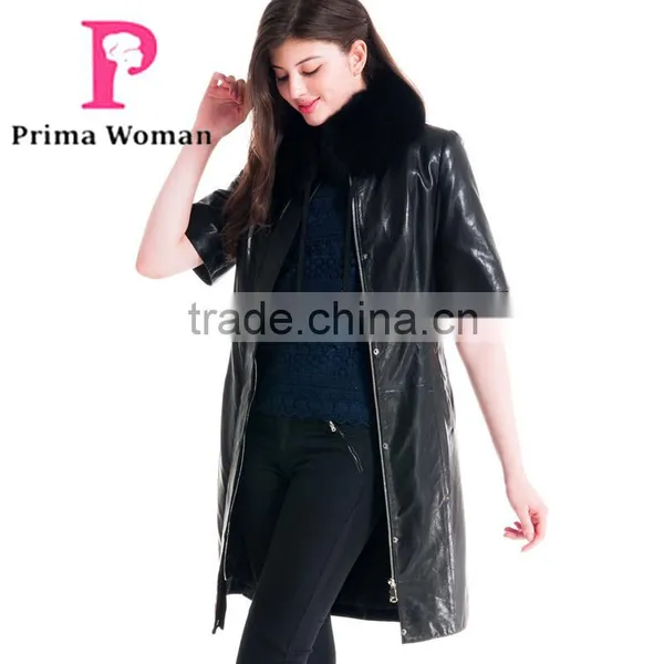 Winter Women Medium Length Slim Fit Leather Coat With Detachable Blue Fox Hat Overcoat photo-2