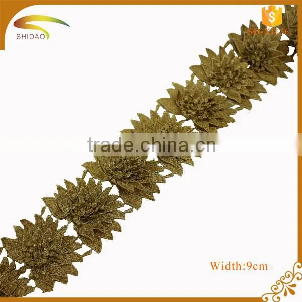 Cheap Polyester Material and Embroidered Technics Gold Metallic Bridal Lace Trim photo-3