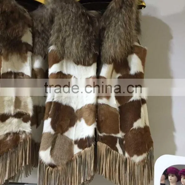 Wholesale Price Rabbit Fur and Raccoon Fur Splicing Vest With Tassels