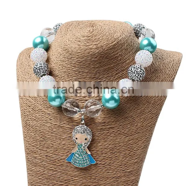 Blue Neckalce With Cute Girl Doll and Satin Bow Flower Hairband Wholesale Baby Girls Chunky Necklace and Hairband photo-6