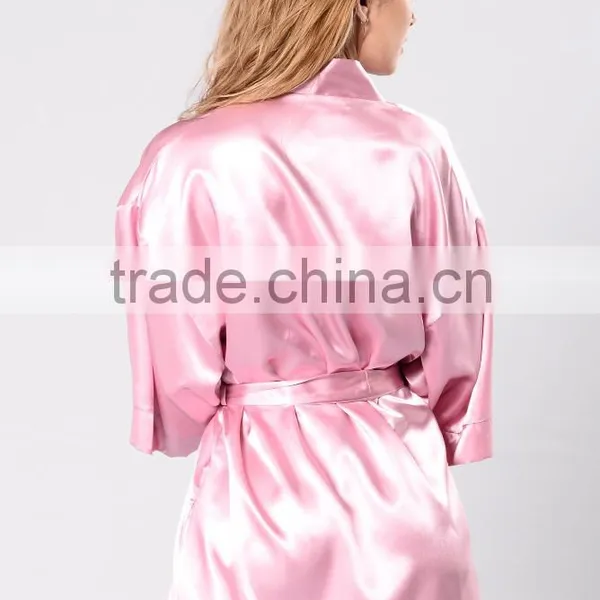 Night Wear Sexy Open Front Mid-Length Kimono Sleeves Waist Tie Satin Robes Women Silk photo-4