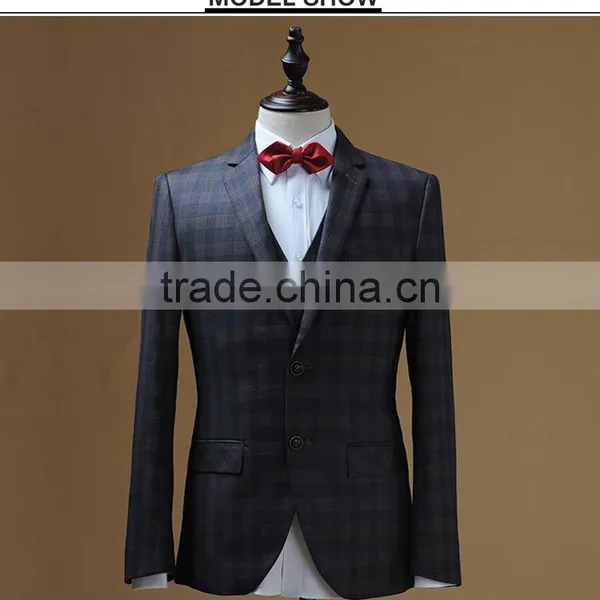 2016 Latest Design 3 Piece Suit Waistcoat Vest Men Suit With Grid Pants