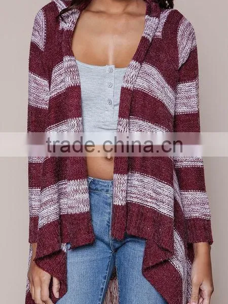 MGOO OEM Custom Burgundy Fringe Cardigan Mohair Striped Outwear Koreas Style Tassels Asymmetric Sweaters photo-3