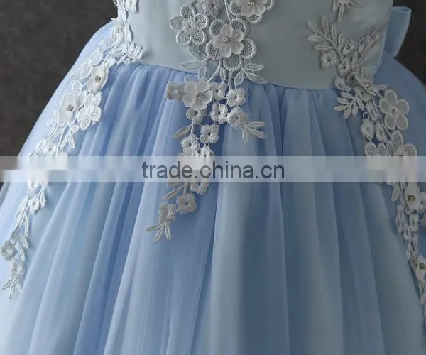 High Quality OEM Princess Blue Short Sleeves Embroidery Flower Girls Party Dresses Lovely Fluffy Tulle Baby Communion Dresses photo-5