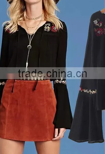Runwaylover EY2366B Ladies Fashion Flare Sleeve Embroidery Blouse photo-5