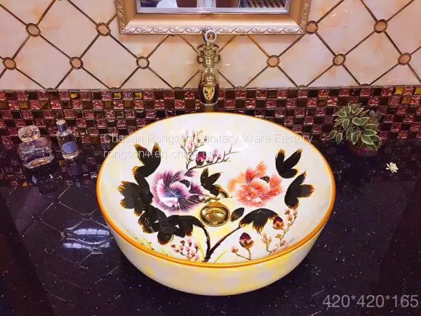 Yellow Ceramic Hand Wash Basin Square Single Hole Tabletop Bathroom Wash Basin Sink With Hand Paint Fancy Design photo-5