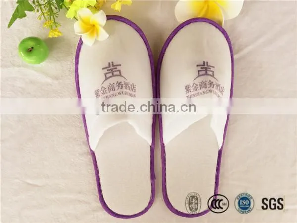 Cheap Hotel Guestroom Plush Slipper With Violet Non-woven Piping photo-3