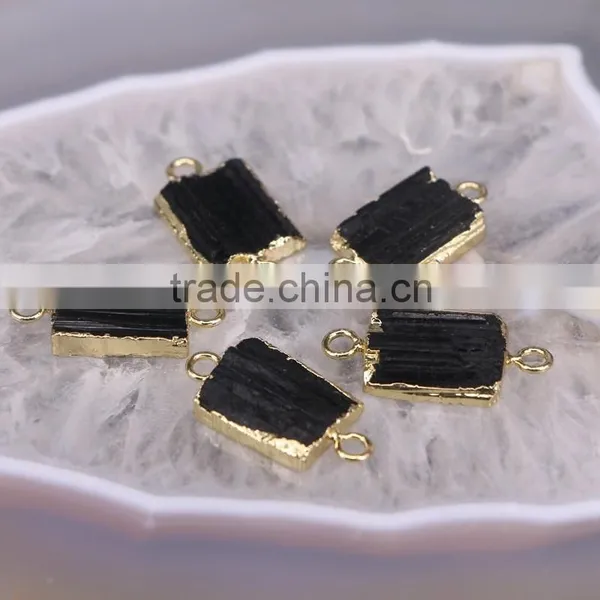 Gold Plated Natural Black Tourmaline Druzy Stone Connector Beads For Jewelry Making photo-3