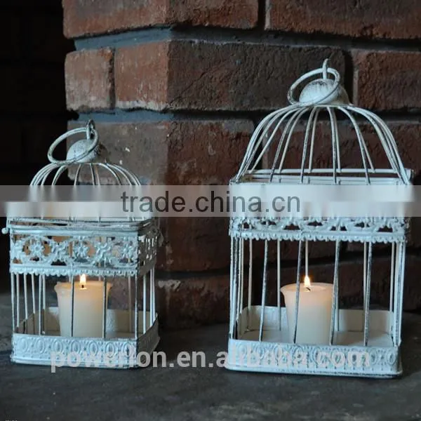 Elegant Patio Decoration Antique White Metal S/2 Bird Cage Flower Holder photo-4