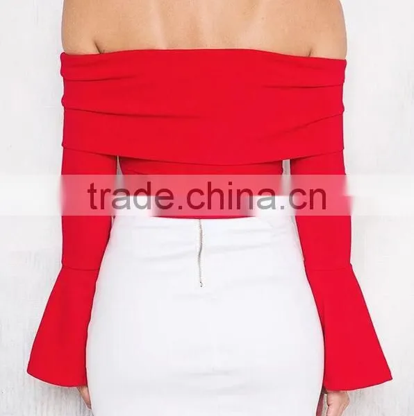 Runwaylover EY2337B 2017 Women Flare Sleeve Fashion Off-Shoulder Knitted Blouse photo-4