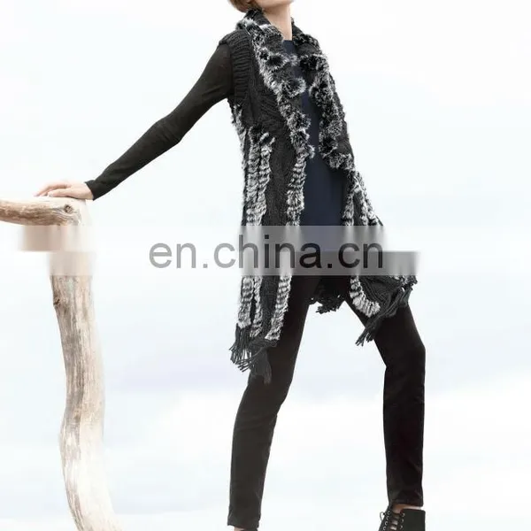 Beautiful Rex Rabbit Fur Long Knitted Vest /dyed Black&whitebeautiful Rex Rabbit Fur Long Knitted Vest /dyed Black&white photo-3