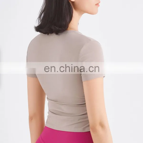 Ribbed Side Fold Short Sleeve T-shirts Women Fitness Gym Yoga Top Anti-UV Sunscreen Shirt Outdoor Running Training Wear Clothes photo-3