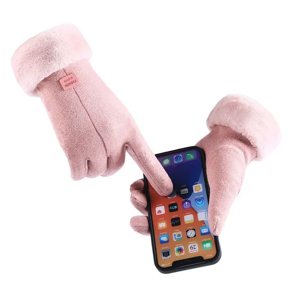 Women Winter Gloves Suede Sherpa Lined Furry Cuff Snug Fit Windproof Urban Commute Winter Gloves photo-2