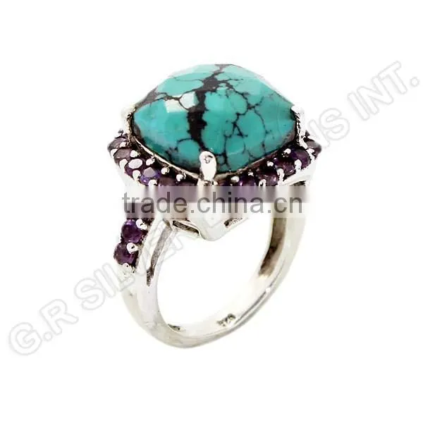 Turquoise Cushion & Amethyst Round Gemstone Ring,sterling Silver 925 Rings Wholesale Jewelry photo-4
