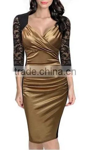 Women's Deep-V Neck Ruffles Floral Lace Fitted Retro Evening Pencil Dress photo-2