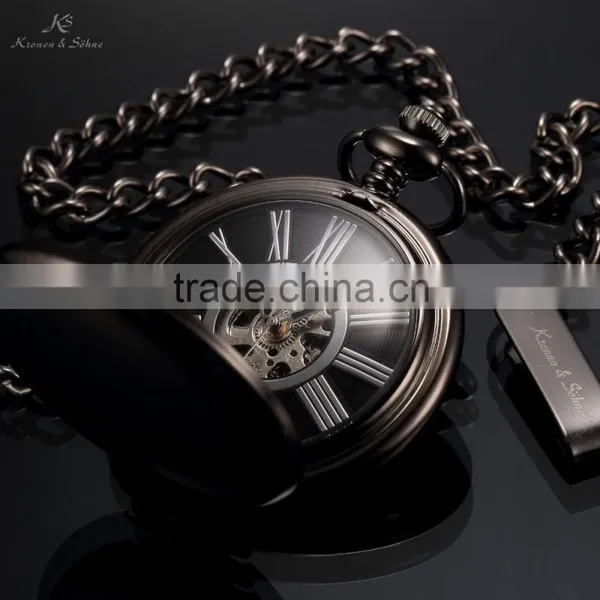 KS Antique Black Skeleton Dial Analog Hand Wind Men FOB Mechanical Pocket Watch photo-2