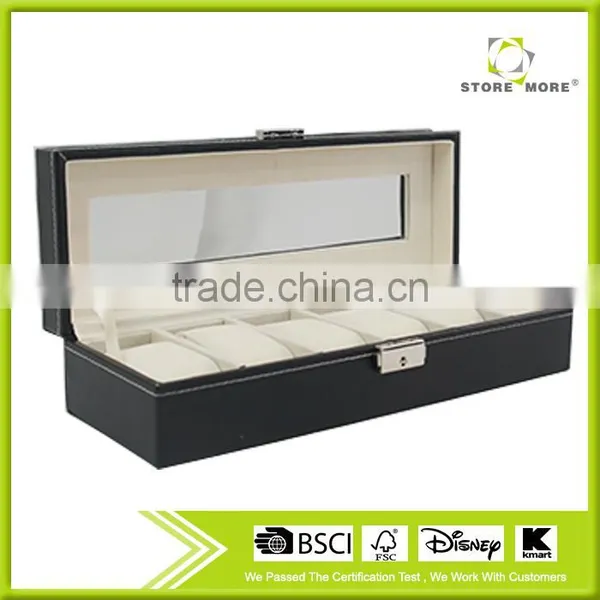 6 Mens Watch Box Black Leather Watch Case Glass Top Watch Display Organizer