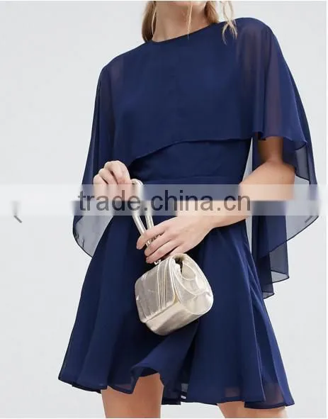 OEM Service Supply Type And Evening / Formal Dresses Type Elegant Evening Dress/ Navy Chiffon Dip Back Cape Mini Dress photo-6