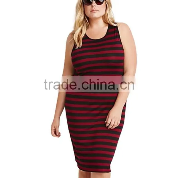 Women Plus Size Spoon Neck Sleeveless Tight Cotton Knit Stripe Tank Dress photo-2