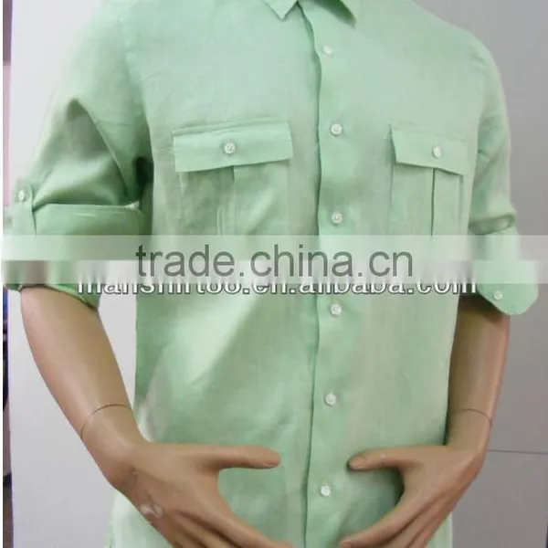 2016 Men's Green Linen Shirt With Two Chest Pocket photo-2