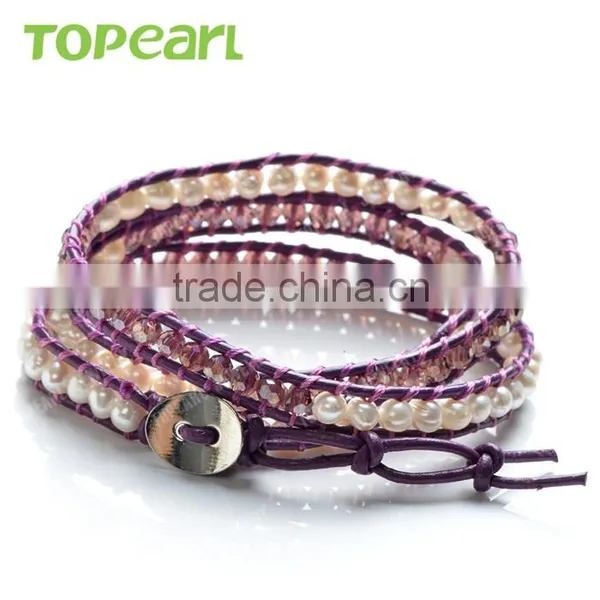 Topearl Jewelry Potato White Freshwater Pearl and Faced Amethyst Bracelet Woven Leather Wrap Bracelets for Best Friends CLL166 photo-2