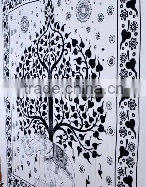 Indian Tapestry Cotton Bedding Bedsheet White Tree Elephant Print Wall Hanging Tapestries Throw Mandala Print photo-3