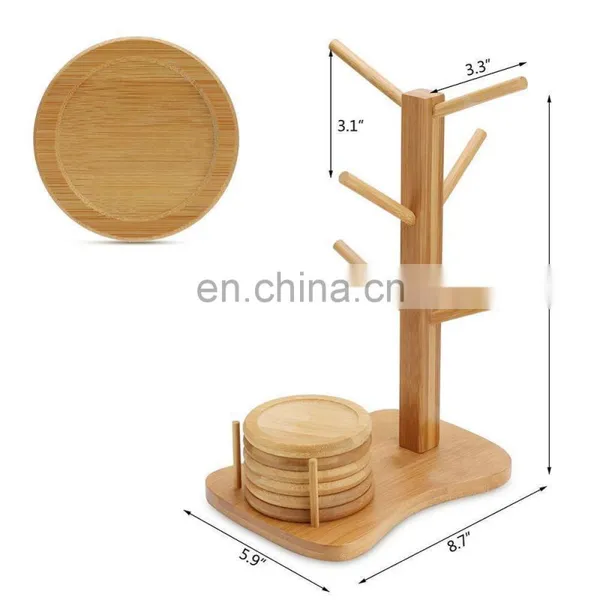 Household Multi-function Bamboo Coffee Cup Drying Holder Rack With 6 Coasters For Gift photo-4