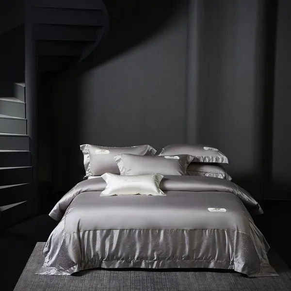 Luxury 4‑Pcs Woven Egyptian Cotton Bedding Set, Soft Breathable Duvet Cover Set for Bedroom, Beige Gray Available