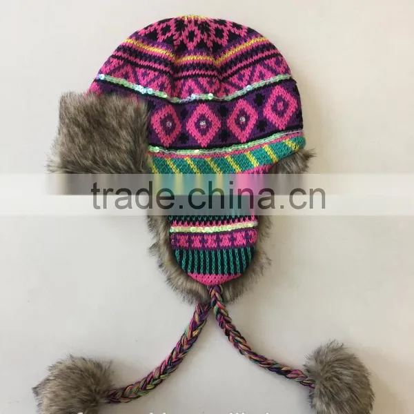 High Quality Wholesale Diamond Jacquard Trapper Hat With Sequins photo-3