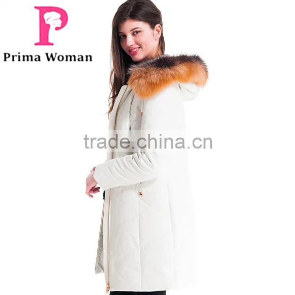 Winter Women Medium Length Slim Cut Coat With Brown Fox Hat Overcoat photo-2
