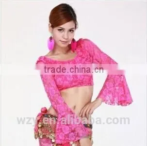Belly Dance Training Long Sleeve Yellow Rose Lace Dance Costume Tops photo-3