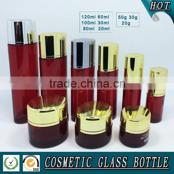 Red Coloured Glass Cosmetic Bottles and Cosmetic Glass Jars