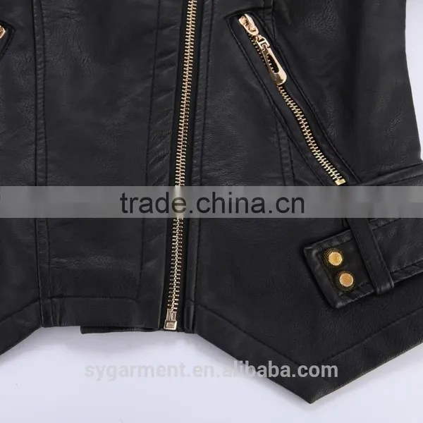Fashion Women Jackets Black With Gold Zipper Leather Jacket photo-3