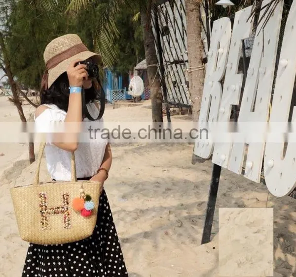 Long Handle, Tote Straw Beach Bag, Pompom Beach Bag photo-2