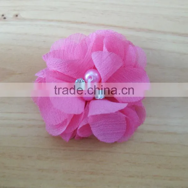 Fabric Chiffon Flower With Pearl Beads Rhinestone in Center for Kids Hair Accessories photo-3