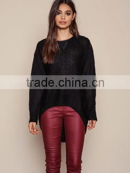 MGOO Brand Sweaters Pullover Model Black Leathertte Sweaters Knit Hi Low Fashion Clothing Urban photo-4