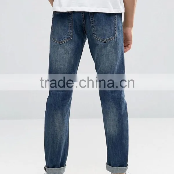 Washed Ripped Regular Rise Straight Slim 100% Cotton Men Jean Trousers photo-3