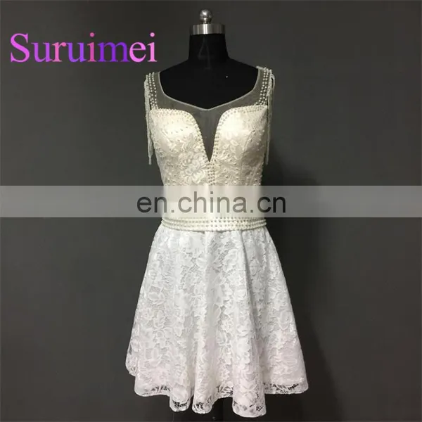 2017 Free Shipping Short Prom Dresses With Pearls Scalloped Neck Formal Evening Gowns Robe de Soiree