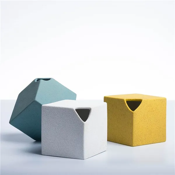 Modern Abstract Jingdezhen Cube Frosted Yellow Blue Green White Ceramic Vase Decoration photo-3