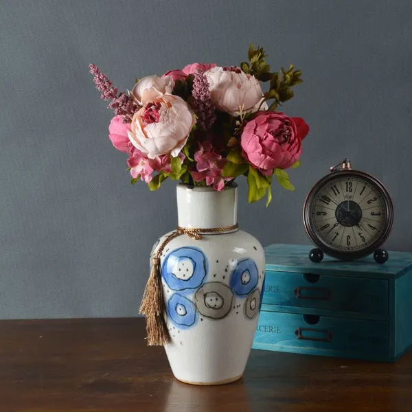 Tassel Rope American Countryside Style Hand Made Large White Ceramic Vase For Dining Room Decor photo-4