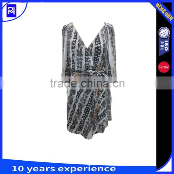 100% Silk Chiffon Print Wrap Dress Self Fabric Tie Knee Length Casual Women Long Sleeve