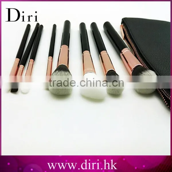 Black Leather Professional Synthetic Hair Makeup Brush Set 8pcs photo-2