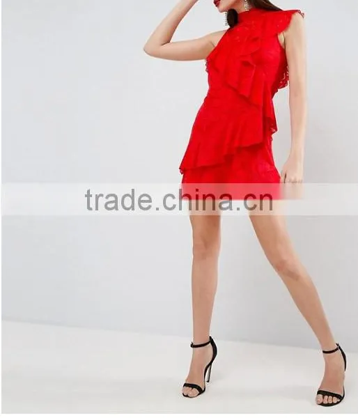 China Women Clothing Manufacturer Red Sexy Lace Ruffle Mini Dress photo-4