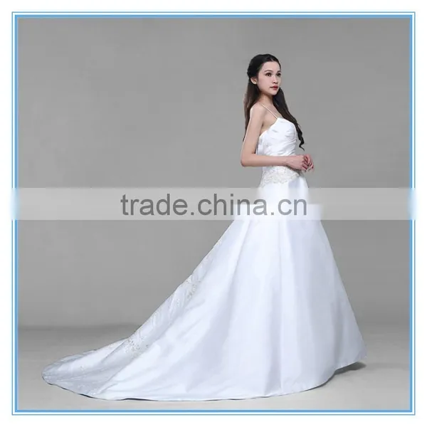 Custom Made Spaghetti Strap Douppioni Hand Embroidery and Beaded A Line Wedding Dress photo-3