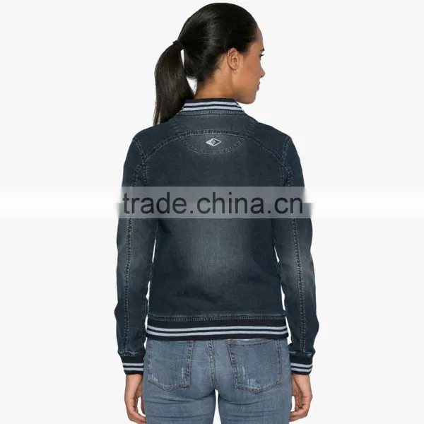 Blue Washed Women Plain Baseball Jacket Outdoor With Zipper Wholesale photo-3