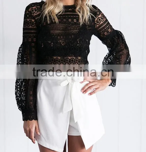 Runwaylover 118 Ladies 2017 Fashion Puff Sleeve Lace Transparent Blouse photo-5