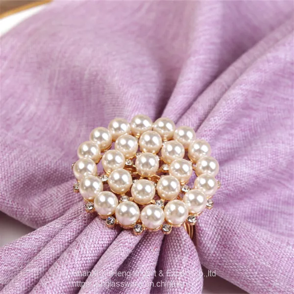 Factory Custom Rhinestone Gold Silver Napkin Ring With White Pearl Decoration photo-3
