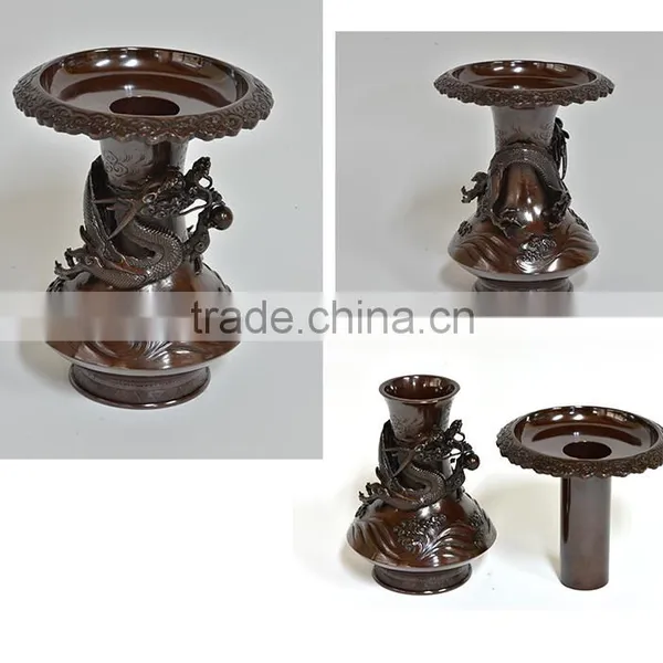 Japanese and High Quality Dragon and Bamboo Design Vase , Incense Burner , and Candlestick Holder Set Made in Japan photo-3