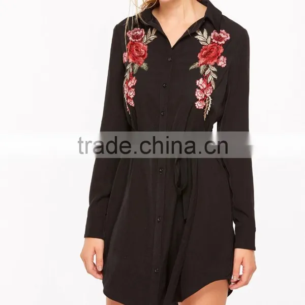 Guangzhou Wholesale Clothing OEM Belted Rose Embroidered Button Shirt Dress